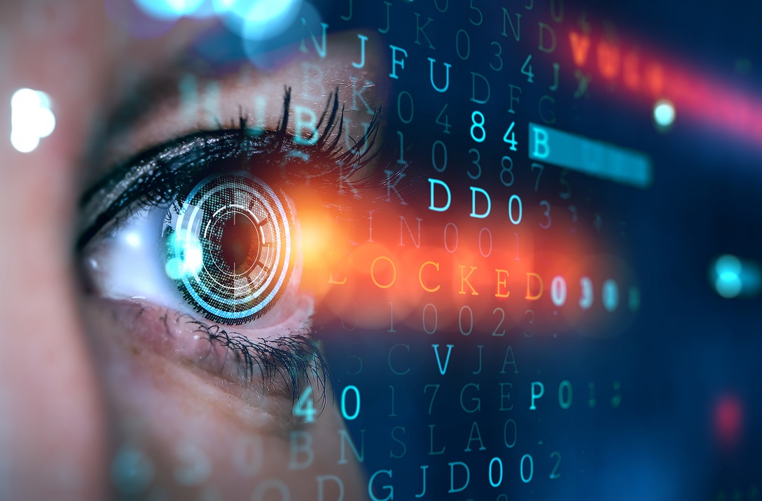 Image of human eye in process of scanning. Mixed media